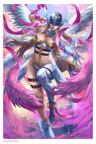Anime picture 800x1191 with digimon digimon adventure angewomon javier estrada single long hair tall image breasts light erotic blonde hair large breasts bare shoulders signed sky cloud (clouds) full body bent knee (knees) sunlight realistic bare belly