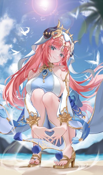 Anime-Bild 1500x2531 mit genshin impact nilou (genshin impact) ttkaki single long hair tall image looking at viewer blush fringe breasts light erotic smile large breasts twintails bare shoulders sky cloud (clouds) full body outdoors red hair