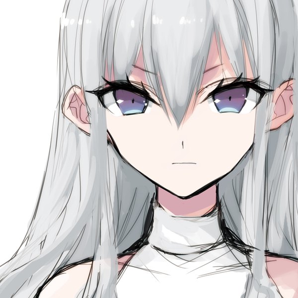 Anime picture 2008x2008 with original misteor single long hair looking at viewer fringe highres simple background hair between eyes white background purple eyes bare shoulders silver hair face expressionless girl