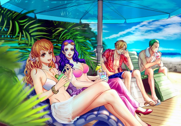 Anime picture 1700x1181 with one piece toei animation nami (one piece) nico robin roronoa zoro sanji an ri long hair looking at viewer fringe short hair breasts open mouth light erotic blonde hair smile hair between eyes sitting purple eyes bare shoulders