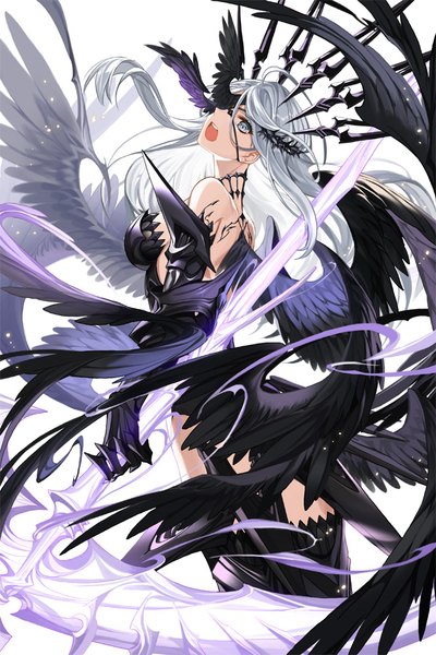 Anime-Bild 666x1000 mit soccer spirits empew single long hair tall image looking at viewer fringe breasts open mouth simple background hair between eyes white background bare shoulders holding ahoge grey hair sparkle grey eyes angel wings black wings