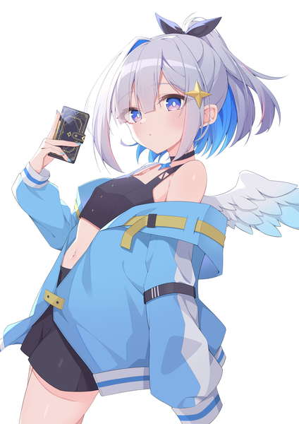 Anime picture 4961x7016 with virtual youtuber hololive amane kanata quarterlift single tall image looking at viewer fringe highres short hair simple background hair between eyes white background purple eyes absurdres silver hair ponytail nail polish multicolored hair off shoulder