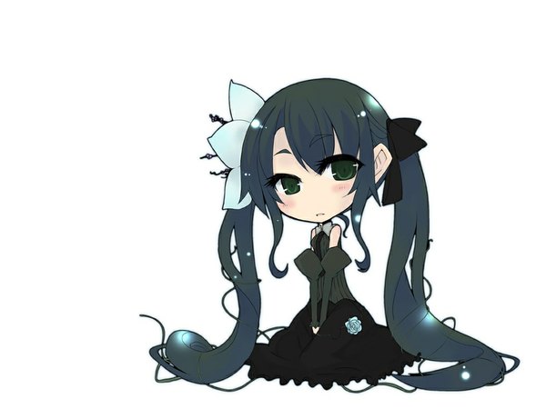 Anime picture 1024x768 with original rage (rojiura) long hair white background twintails green eyes chibi dress