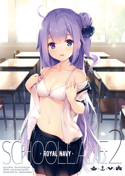 Anime picture 700x986 with azur lane unicorn (azur lane) senji (tegone spike) single long hair tall image looking at viewer blush fringe open mouth light erotic standing purple eyes payot purple hair ahoge indoors blunt bangs pleated skirt off shoulder