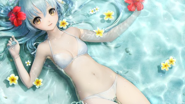 Anime picture 1200x675 with original erian single long hair looking at viewer light erotic wide image brown eyes blue hair lying hair flower from above girl navel flower (flowers) swimsuit bikini water hibiscus