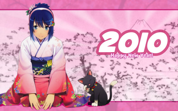 Anime picture 1920x1200 with os-tan windows (operating system) windows 7 madobe nanami single highres blue eyes wide image blue hair japanese clothes cherry blossoms mountain new year 2010 girl hair ornament hairband kimono hairclip cat