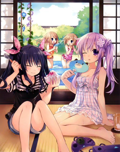 Anime picture 4867x6144 with choujigen game neptune nepgear uni (choujigen game neptune) rom (choujigen game neptune) ram (choujigen game neptune) tsunako long hair tall image blush highres open mouth blue eyes black hair blonde hair sitting purple eyes multiple girls absurdres purple hair eyes closed