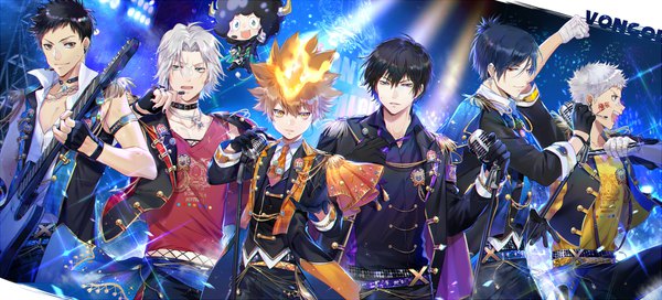 Anime picture 1905x864 with katekyou hitman reborn sawada tsunayoshi hibari kyouya rokudo mukuro gokudera hayato yamamoto takeshi lambo sasagawa ryohei ekita xuan looking at viewer fringe highres short hair open mouth blue eyes black hair smile hair between eyes red eyes brown hair