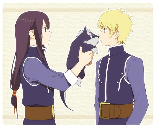 Anime picture 1234x1000 with tales of (series) tales of vesperia yuri lowell flynn scifo shirataki naco (artist) long hair short hair simple background blonde hair standing purple eyes brown eyes yellow eyes purple hair profile grey eyes couple face to face framed boy