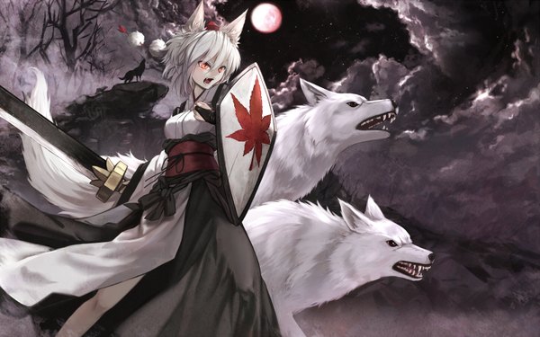 Anime picture 1600x1000 with touhou inubashiri momiji cloudy.r short hair open mouth red eyes animal ears looking away white hair tail traditional clothes japanese clothes animal tail night wolf ears bare tree wolf tail wolf girl fog girl