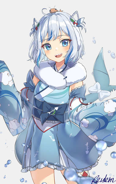Anime-Bild 1638x2590 mit virtual youtuber hololive hololive english gawr gura gawr gura (4th costume) reulem single tall image looking at viewer short hair open mouth blue eyes silver hair tail traditional clothes :d japanese clothes multicolored hair two side up streaked hair