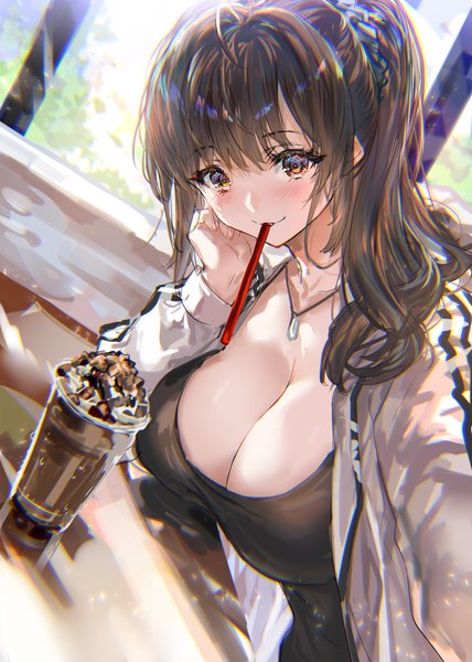 Anime picture 1141x1600 with original ranou single long hair tall image looking at viewer blush fringe breasts light erotic brown hair large breasts sitting holding brown eyes payot cleavage ahoge ponytail dutch angle