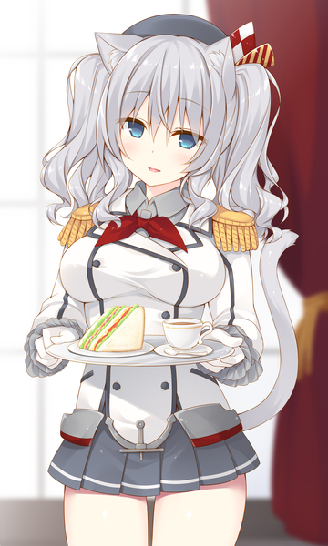Anime picture 1791x2987 with kantai collection kashima training cruiser miko (royal milk) single tall image looking at viewer blush fringe highres short hair breasts blue eyes hair between eyes large breasts standing twintails holding animal ears indoors tail
