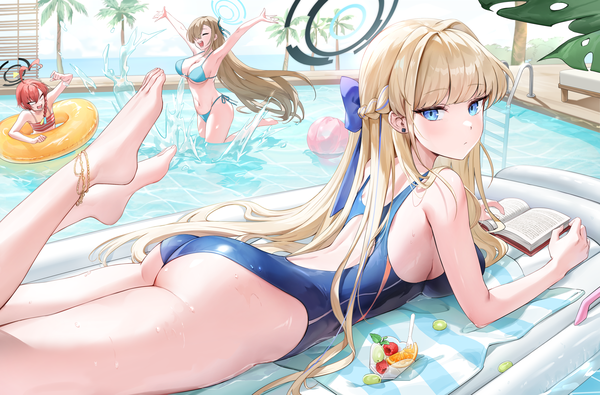 Anime picture 3997x2634 with blue archive asuna (blue archive) toki (blue archive) neru (blue archive) murabana44 long hair looking at viewer blush fringe highres short hair breasts open mouth blue eyes light erotic blonde hair smile large breasts standing multiple girls