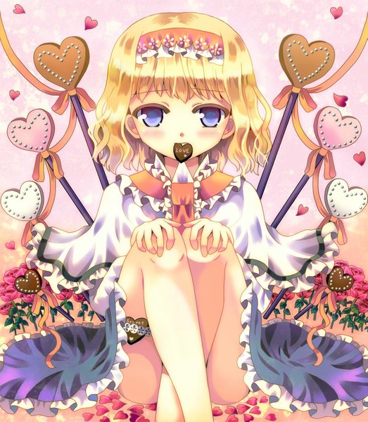 Anime picture 915x1050 with touhou alice margatroid hazakura satsuki single tall image looking at viewer blush short hair blonde hair sitting purple eyes holding mouth hold valentine girl flower (flowers) petals food heart hairband