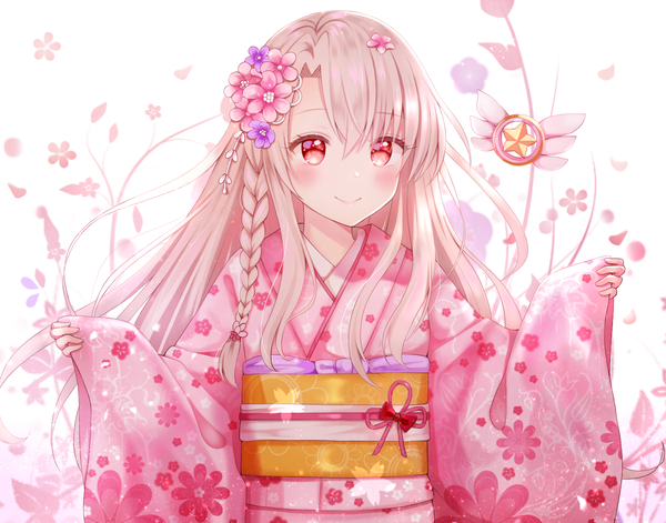Anime picture 1452x1140 with fate (series) fate/kaleid liner prisma illya illyasviel von einzbern magical ruby nasii single long hair blush smile red eyes looking away silver hair upper body traditional clothes japanese clothes floral print girl hair ornament kimono obi