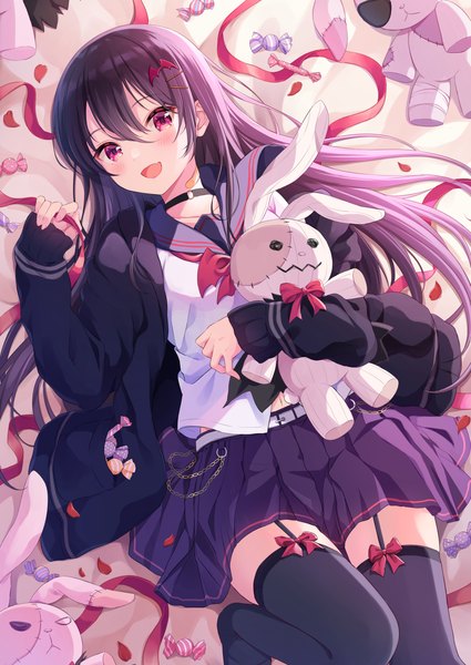 Anime-Bild 1128x1593 mit original yatomi single long hair tall image looking at viewer blush fringe open mouth black hair smile hair between eyes red eyes holding lying long sleeves :d pleated skirt from above open clothes