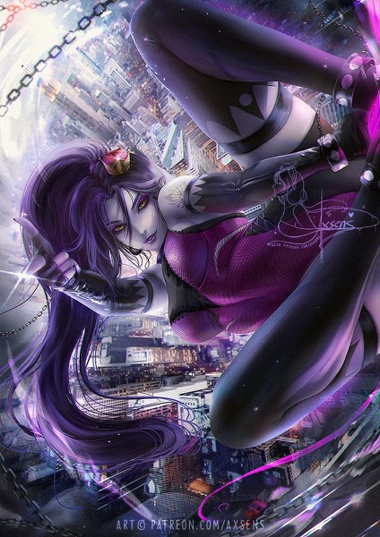 Anime picture 848x1200 with overwatch blizzard entertainment widowmaker (overwatch) axsen single long hair tall image looking at viewer fringe breasts light erotic hair between eyes large breasts signed yellow eyes cleavage purple hair bent knee (knees) outdoors ponytail