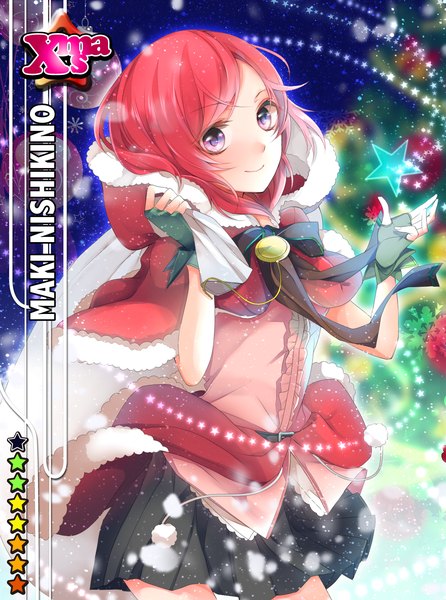 Anime picture 1280x1720 with love live! school idol project sunrise (studio) love live! nishikino maki single tall image looking at viewer short hair smile purple eyes red hair snowing christmas winter girl dress star (symbol) pom pom (clothes)