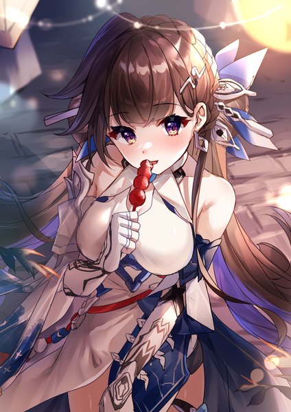 Anime picture 2480x3508 with honkai impact 3rd honkai (series) li sushang li sushang (jade knight) guzangnanfeng single long hair tall image looking at viewer blush fringe highres breasts open mouth smile brown hair large breasts twintails bare shoulders holding
