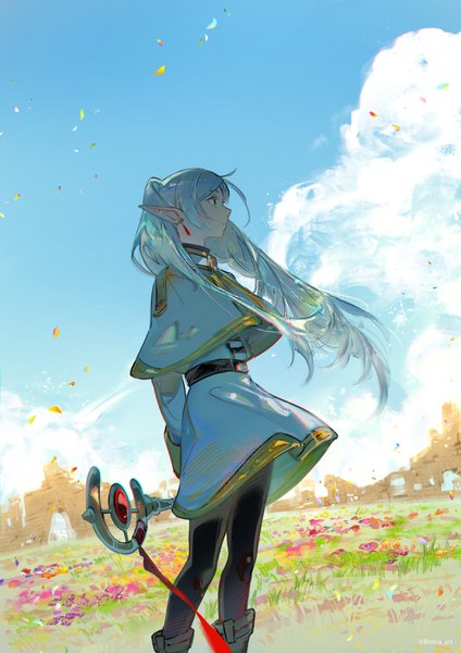 Anime picture 1488x2105 with sousou no frieren frieren breica single long hair tall image twintails looking away sky silver hair cloud (clouds) outdoors profile wind pointy ears hands behind back elf girl dress pantyhose