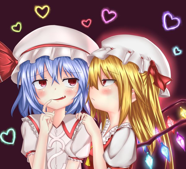 Anime picture 2200x2000 with touhou flandre scarlet remilia scarlet kuro (baseball0000) long hair looking at viewer blush fringe highres blonde hair hair between eyes red eyes multiple girls blue hair upper body parted lips fang (fangs) sweat glowing finger to mouth