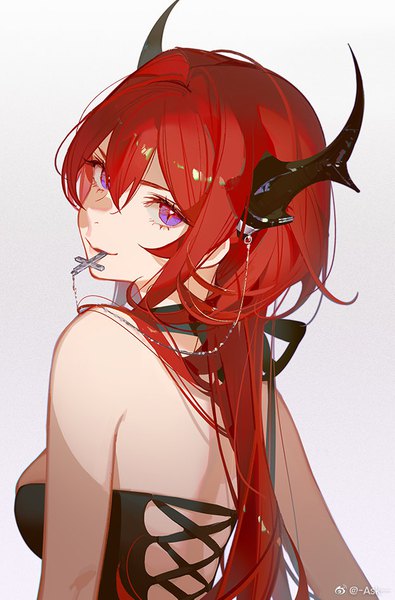 Anime picture 623x946 with arknights surtr (arknights) ask (askzy) single long hair tall image looking at viewer fringe breasts light erotic simple background smile hair between eyes purple eyes bare shoulders holding signed upper body red hair looking back