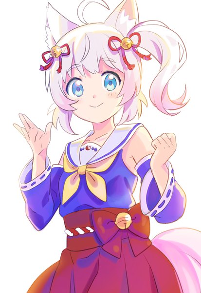 Anime picture 863x1254 with show by rock!! studio bones howan (show by rock!!) shati single tall image looking at viewer short hair blue eyes simple background smile white background animal ears ahoge white hair tail animal tail side ponytail sailor collar hair bell
