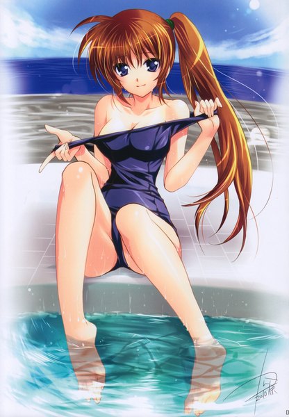 Anime picture 1386x2000 with mahou shoujo lyrical nanoha takamachi nanoha long hair tall image blue eyes light erotic brown hair signed orange hair side ponytail undressing girl swimsuit water one-piece swimsuit school swimsuit