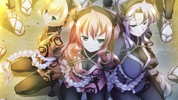 Anime picture 1280x720 with appare! tenka gomen katagiri hinata long hair blonde hair wide image sitting multiple girls green eyes pink hair game cg purple hair traditional clothes girl 3 girls