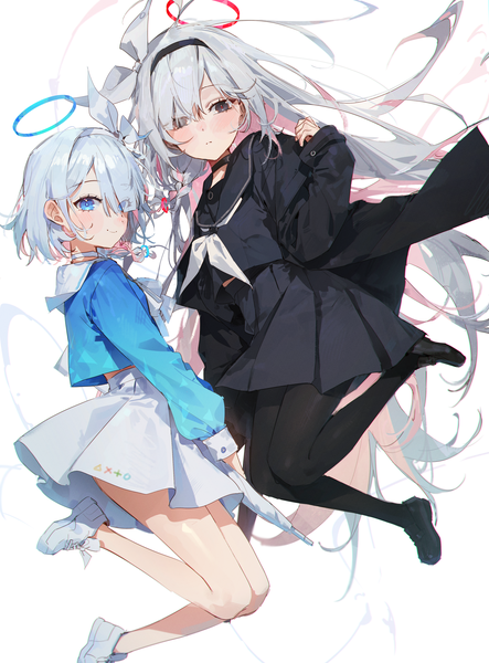 Anime picture 3172x4294 with blue archive arona (blue archive) plana (blue archive) kellymonica02 tall image looking at viewer blush fringe highres short hair blue eyes simple background smile white background multiple girls absurdres silver hair full body long sleeves very long hair