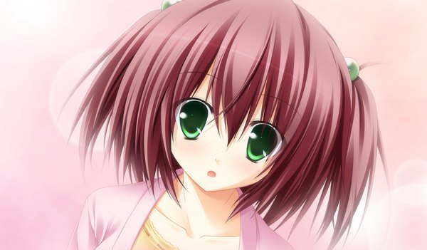Anime picture 1024x600 with sora to kumo to kimi no koi short hair open mouth wide image green eyes game cg red hair pink background girl