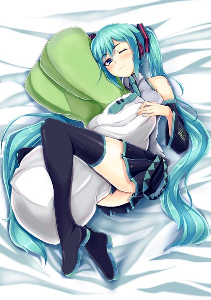 Anime picture 2079x2953 with vocaloid hatsune miku nekur tall image blush highres blue eyes twintails very long hair one eye closed wink aqua hair legs girl skirt detached sleeves miniskirt headphones pillow thigh boots