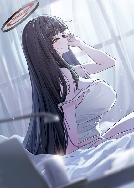 Anime picture 2976x4175 with blue archive rio (blue archive) yuki (asayuki101) single long hair tall image looking at viewer fringe highres breasts light erotic black hair red eyes large breasts sitting indoors blunt bangs arm up dutch angle strap slip