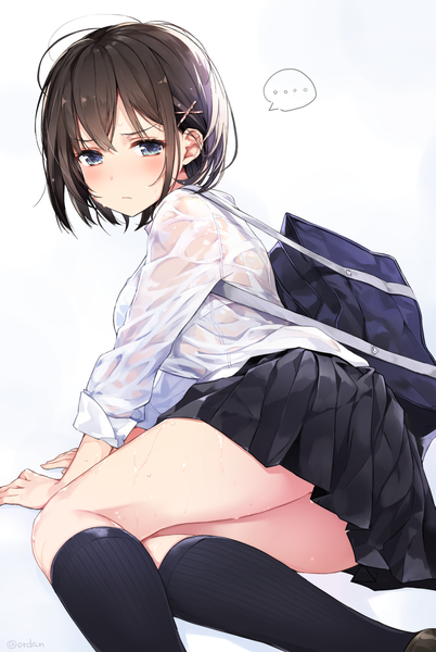 Anime picture 938x1400 with original orda single tall image looking at viewer blush fringe short hair breasts blue eyes light erotic black hair simple background hair between eyes white background signed bent knee (knees) lying long sleeves pleated skirt