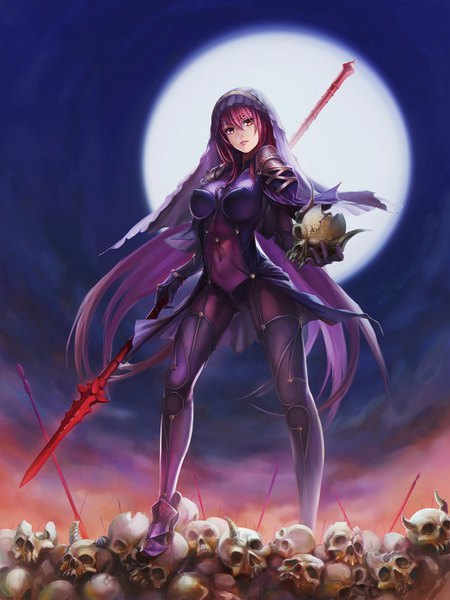Anime picture 1500x2000 with fate (series) fate/grand order scathach (fate) (all) scathach (fate) ushas single long hair tall image fringe breasts light erotic hair between eyes standing purple eyes purple hair night outstretched arm girl gloves navel