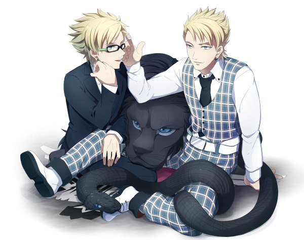 Anime picture 1200x948 with dramatical murder nitro+chiral trip (dramatical murder) virus (dramatical murder) short hair open mouth simple background blonde hair white background sitting green eyes multiple boys piercing plaid boy earrings glasses necktie 2 boys vest
