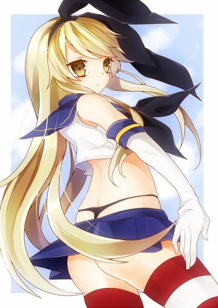 Anime picture 1000x1413 with kantai collection shimakaze destroyer kyouda suzuka single long hair tall image blush light erotic blonde hair yellow eyes looking away sky ass wind border outside border girl thighhighs skirt gloves