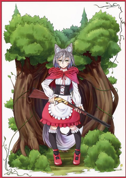 Anime picture 2127x3004 with lamina (artbook) jaco single tall image looking at viewer fringe highres short hair hair between eyes white background animal ears yellow eyes tail long sleeves nail polish animal tail grey hair scan puffy sleeves border