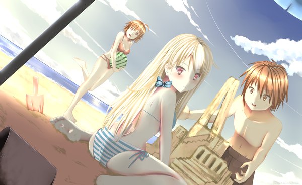 Anime picture 2500x1536 with sakura-sou no pet na kanojo j.c. staff shiina mashiro kamiigusa misaki kanda sorata hews long hair looking at viewer highres short hair open mouth light erotic blonde hair brown hair wide image bare shoulders multiple girls brown eyes looking back barefoot