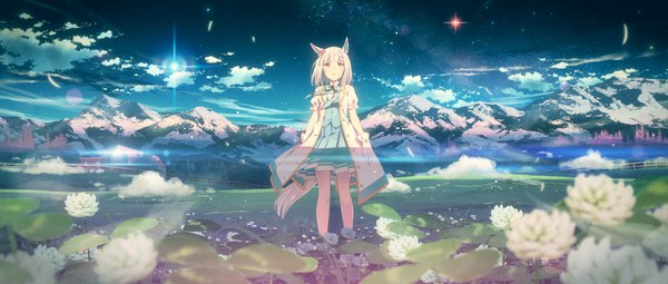 Anime picture 2560x1089 with umamusume happy meek (umamusume) yuuki tatsuya single looking at viewer fringe highres short hair red eyes wide image standing animal ears silver hair cloud (clouds) outdoors tail blunt bangs parted lips animal tail pleated skirt