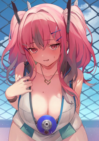 Anime picture 1000x1422 with azur lane bremerton (azur lane) bremerton (scorching-hot training) (azur lane) vivi (eve no hakoniwa) single long hair tall image looking at viewer fringe breasts light erotic hair between eyes large breasts twintails pink hair cleavage outdoors pink eyes mole leaning