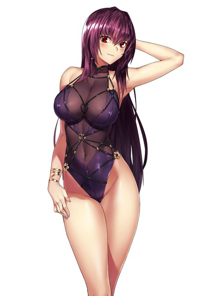 Anime picture 2480x3508 with fate (series) fate/grand order scathach (fate) (all) scathach (fate) kai (pixiv12466647) single long hair tall image looking at viewer blush fringe highres breasts light erotic simple background hair between eyes red eyes standing white background bare shoulders