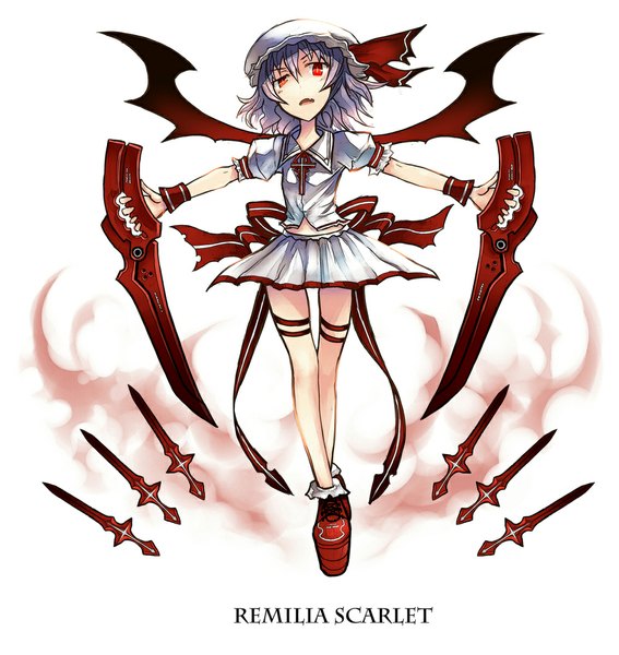Anime picture 1000x1057 with touhou remilia scarlet gia single tall image short hair open mouth red eyes purple hair teeth fang (fangs) girl skirt weapon hat wings cross bonnet knife