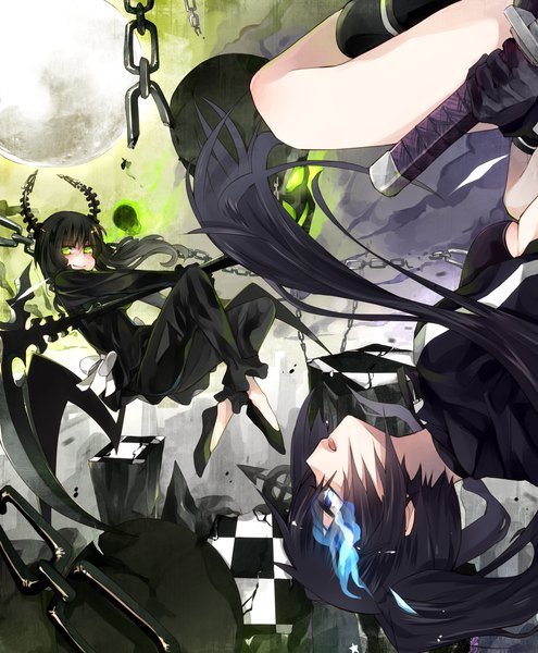 Anime picture 1300x1577 with black rock shooter black rock shooter (character) dead master allenkung1 long hair tall image blue eyes black hair twintails multiple girls green eyes horn (horns) green hair glowing glowing eye (eyes) battle girl weapon 2 girls sword
