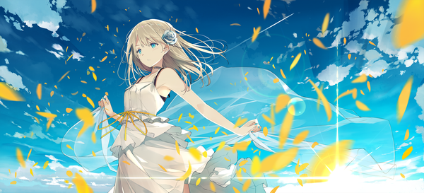 Anime picture 2500x1140 with original sutorora single long hair blush fringe highres blue eyes blonde hair hair between eyes wide image standing looking away sky cloud (clouds) nail polish hair flower fingernails wind sleeveless