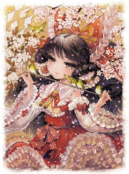 Anime picture 842x1136 with touhou hakurei reimu takatora single long hair tall image looking at viewer blush black hair brown eyes light smile cherry blossoms border spring girl skirt bow plant (plants) hair bow detached sleeves