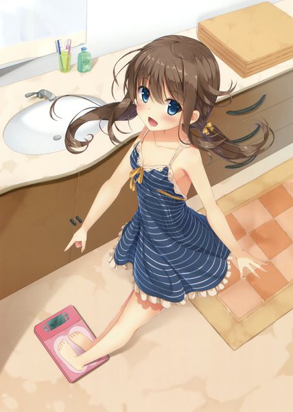 Anime picture 2494x3500 with original fujieda uzuki single long hair tall image looking at viewer blush fringe highres open mouth blue eyes hair between eyes brown hair twintails full body barefoot from above scan bare legs loli