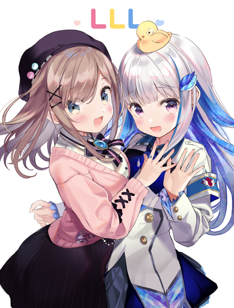Anime picture 1371x1804 with virtual youtuber nijisanji lize helesta suzuhara lulu sebastian piyodore lize helesta (1st costume) kanda done long hair tall image looking at viewer blush open mouth blue eyes simple background brown hair white background purple eyes multiple girls silver hair multicolored hair