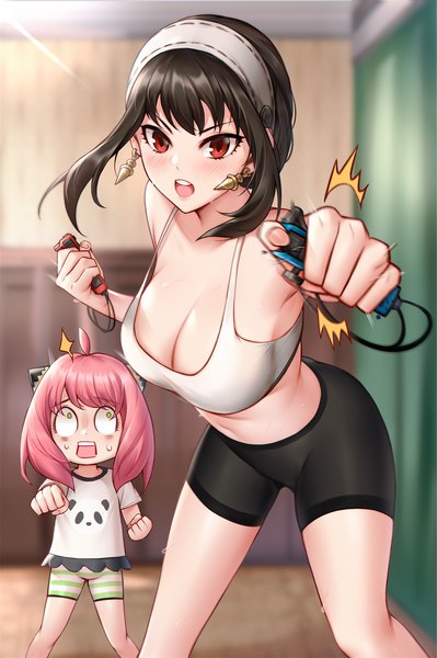 Anime picture 1496x2250 with spy x family yor briar anya (spy x family) hua-j long hair tall image looking at viewer blush fringe short hair breasts open mouth light erotic black hair hair between eyes red eyes large breasts standing multiple girls green eyes
